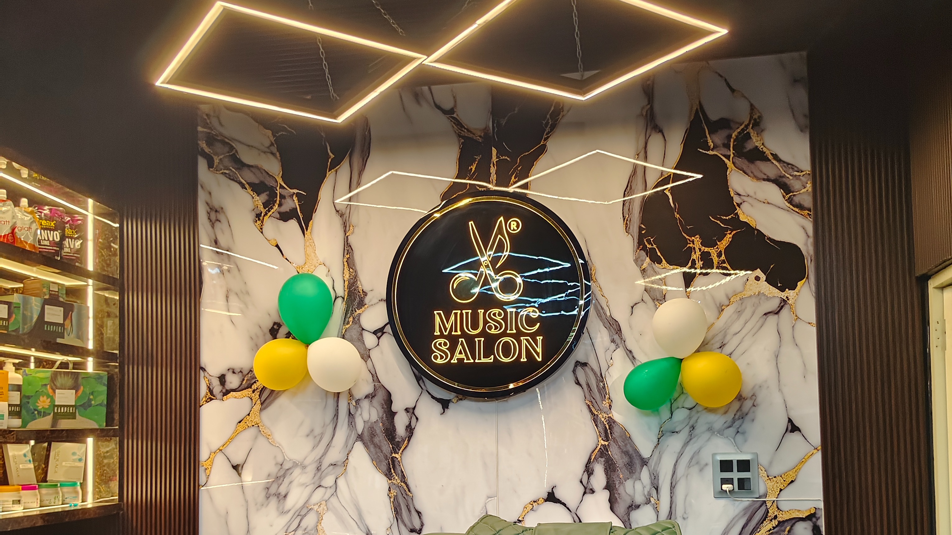 Music Salon interior showing luxurious hair styling chairs and premium ambiance in Mandi Himachal Pradesh